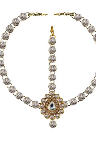 Brass Gold Platted  White Stone Studded  Maang Tikka Set
