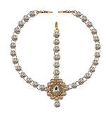 Brass Gold Platted  White Stone Studded  Maang Tikka Set
