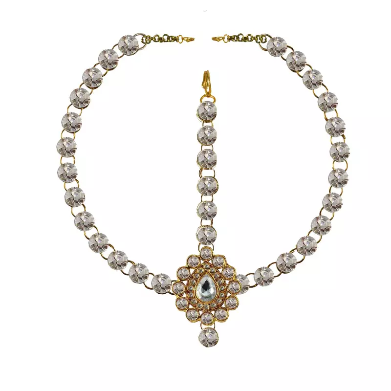 Brass Gold Platted  White Stone Studded  Maang Tikka Set