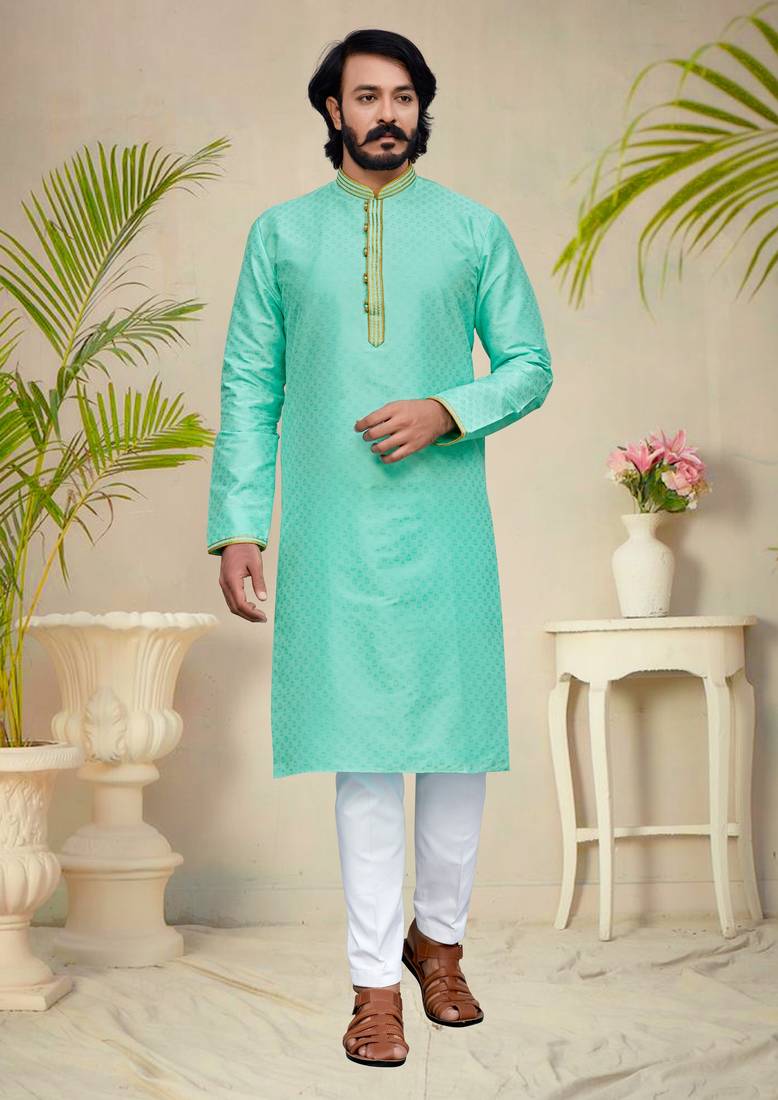 C-Green color hand cottan silk kurta with payjama