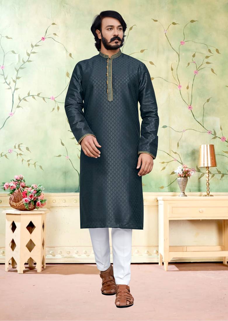 Grey color hand cottan silk kurta with payjama