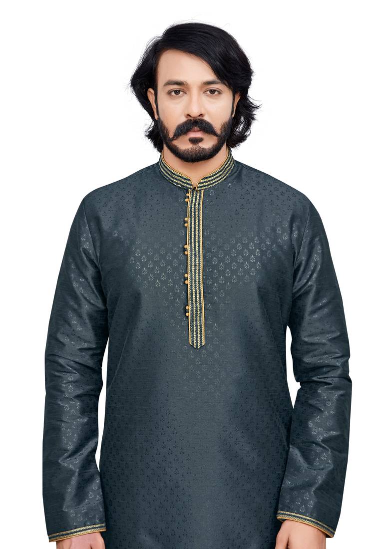 Grey color hand cottan silk kurta with payjama