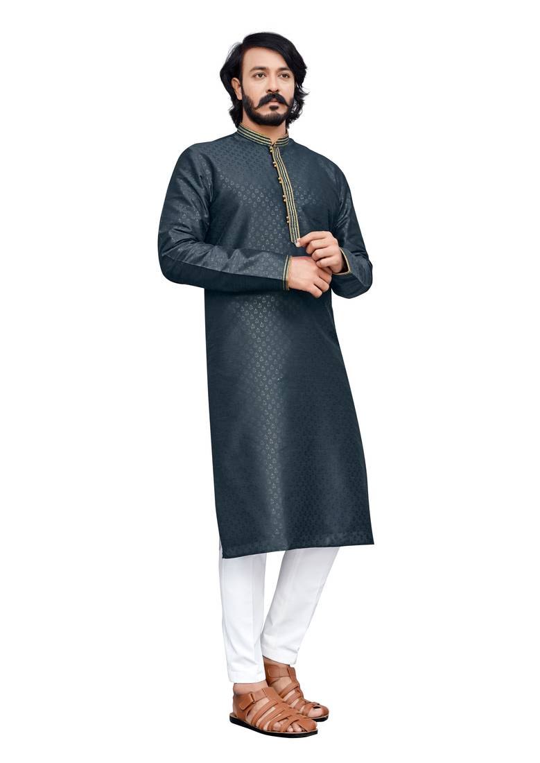 Grey color hand cottan silk kurta with payjama