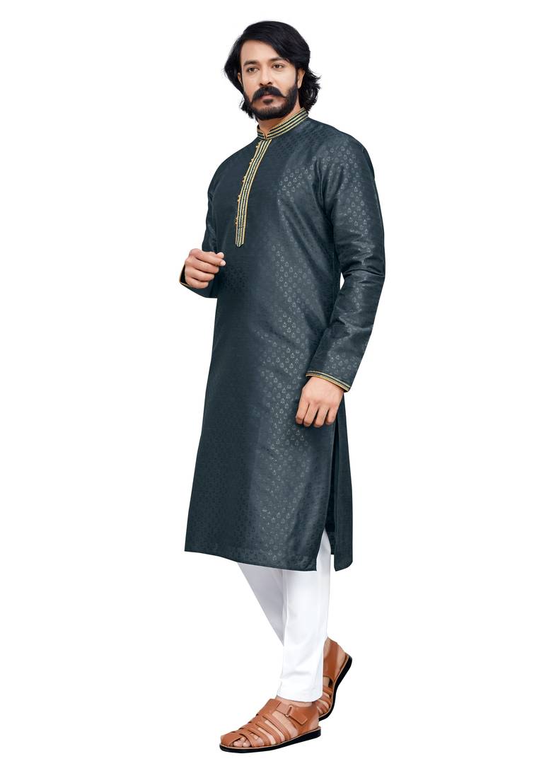 Grey color hand cottan silk kurta with payjama