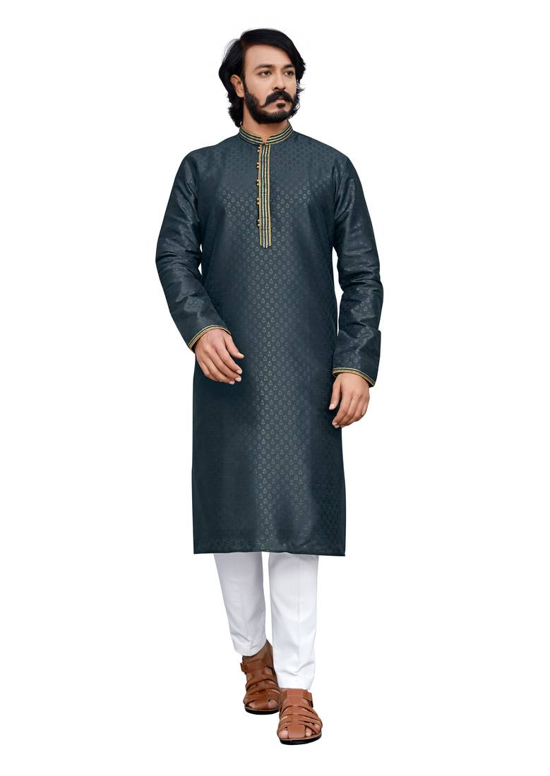 Grey color hand cottan silk kurta with payjama