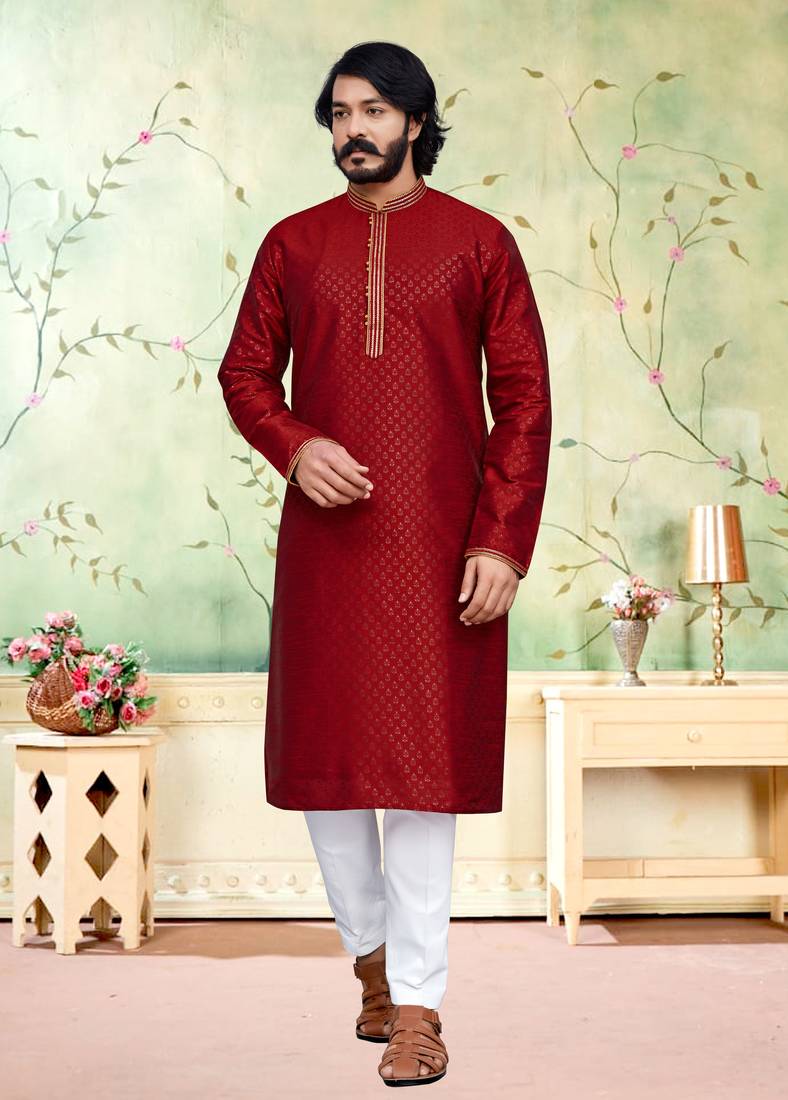Maroon color hand cottan silk kurta with payjama