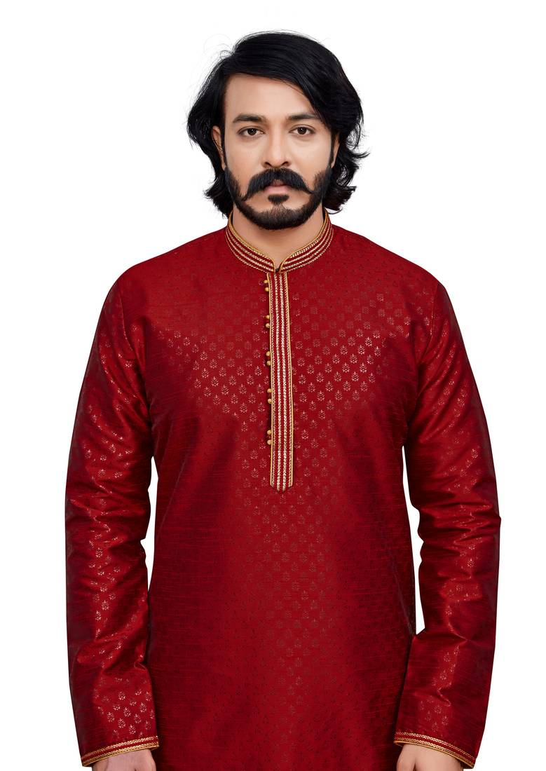 Maroon color hand cottan silk kurta with payjama