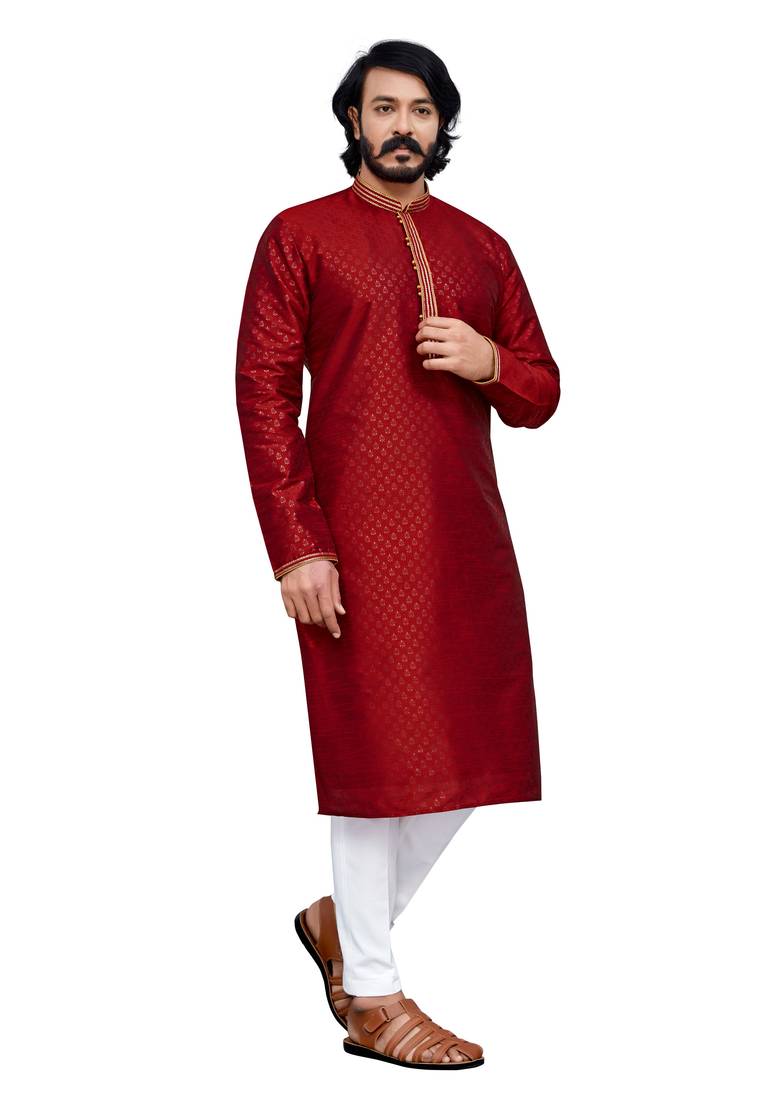 Maroon color hand cottan silk kurta with payjama
