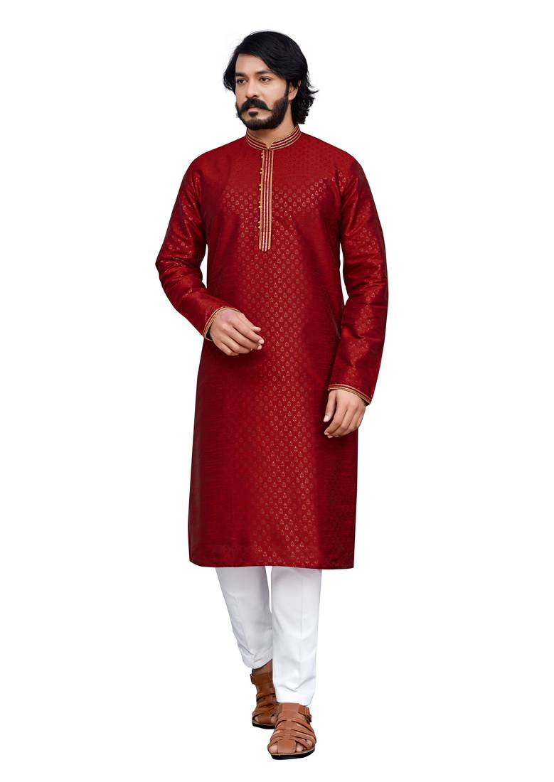 Maroon color hand cottan silk kurta with payjama