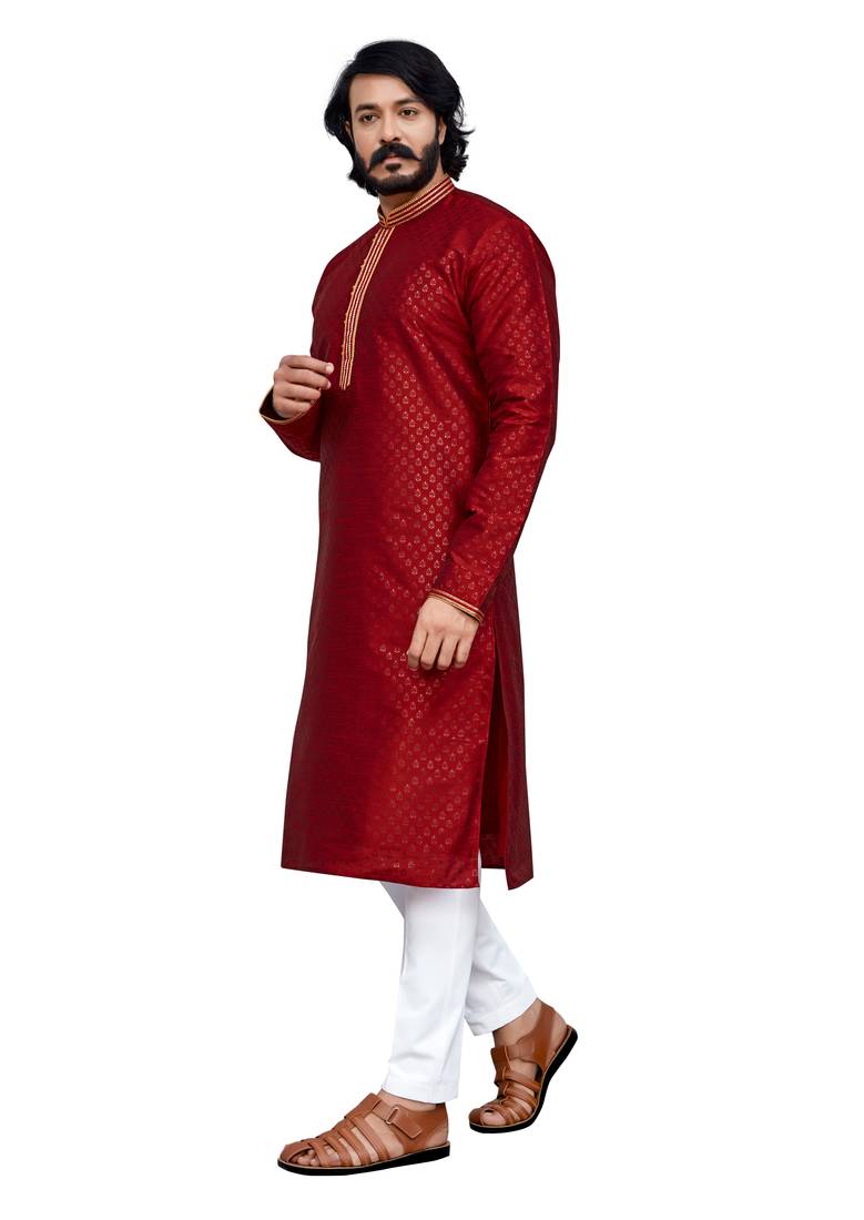 Maroon color hand cottan silk kurta with payjama