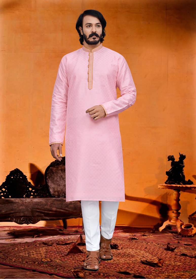 Pink color hand cottan silk kurta with payjama