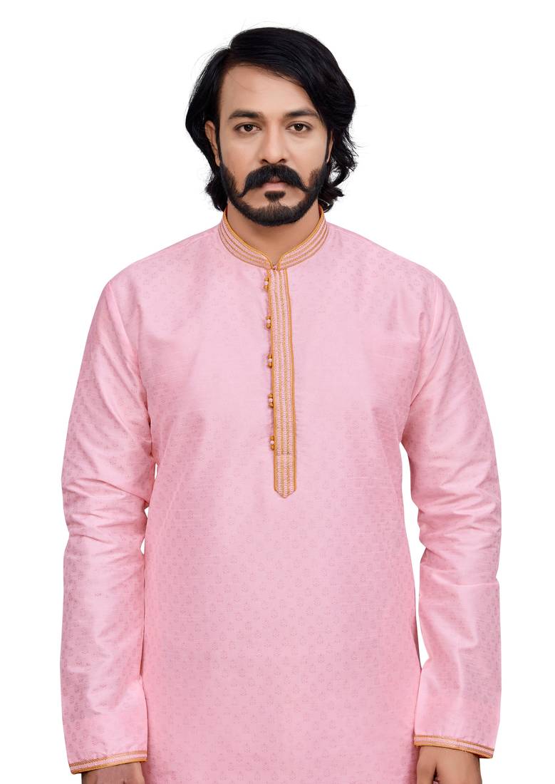 Pink color hand cottan silk kurta with payjama