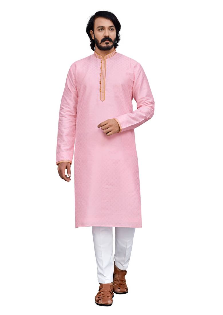Pink color hand cottan silk kurta with payjama
