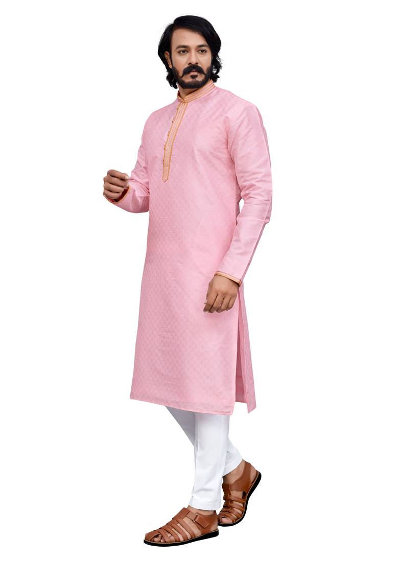 Pink color hand cottan silk kurta with payjama