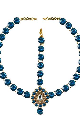 Brass Gold Platted  Blue Stone Studded  Maang Tikka Set
