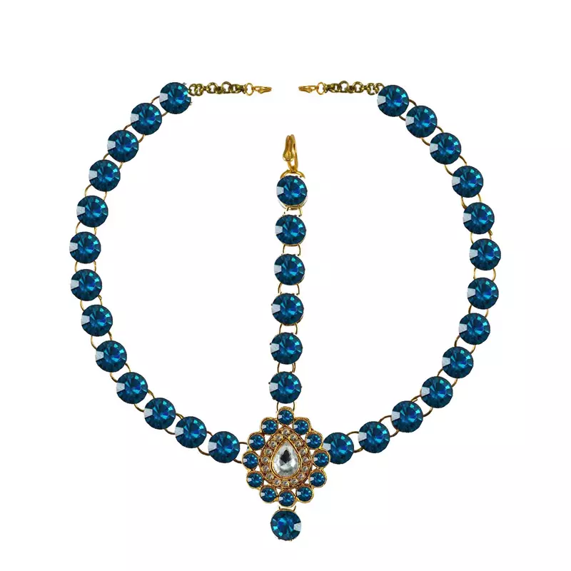 Brass Gold Platted  Blue Stone Studded  Maang Tikka Set