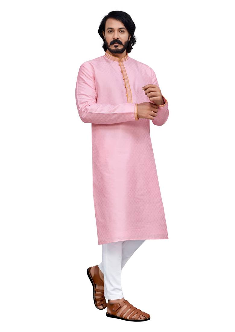Pink color hand cottan silk kurta with payjama