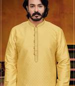Yellow color hand cottan silk kurta with payjama