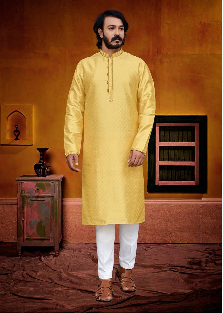 Yellow color hand cottan silk kurta with payjama