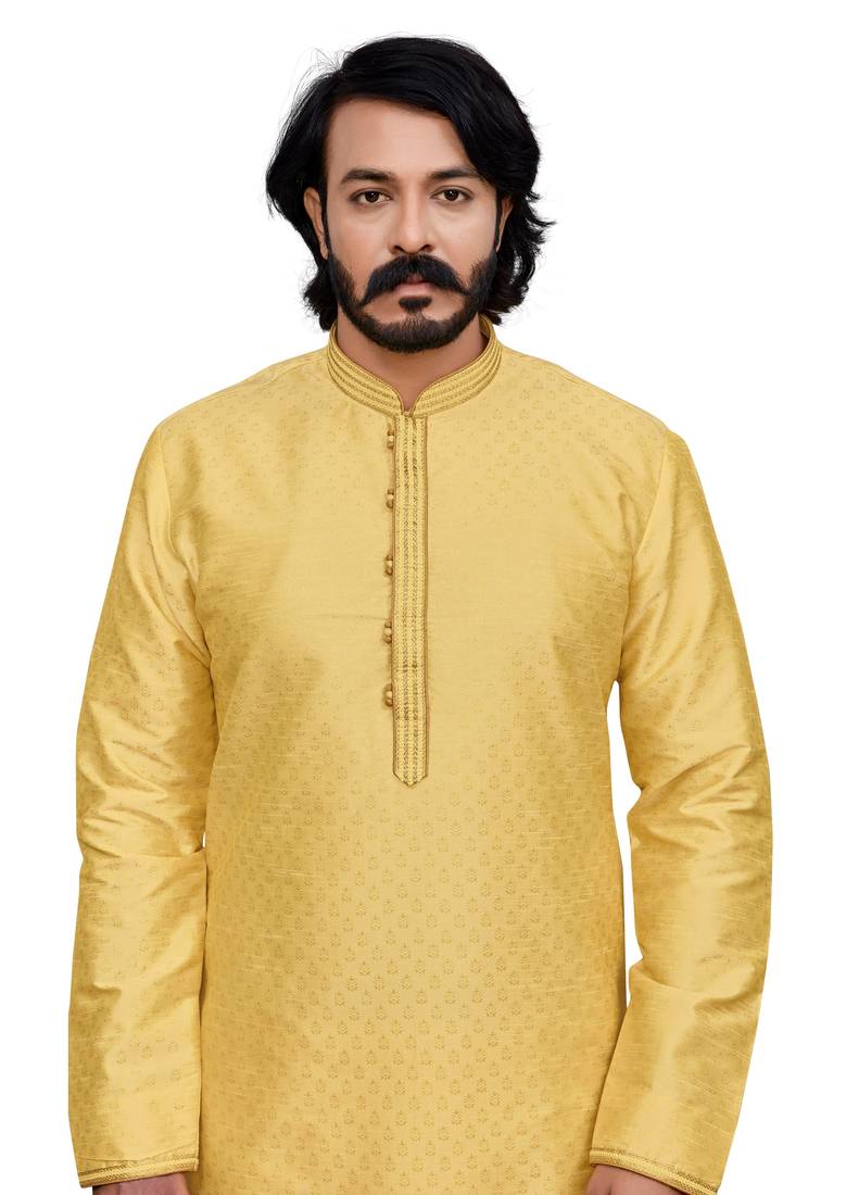 Yellow color hand cottan silk kurta with payjama