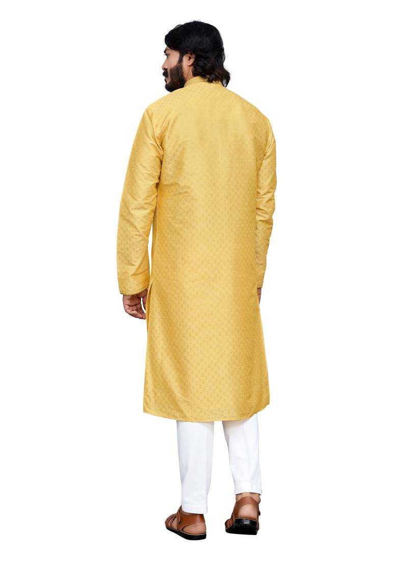 Yellow color hand cottan silk kurta with payjama