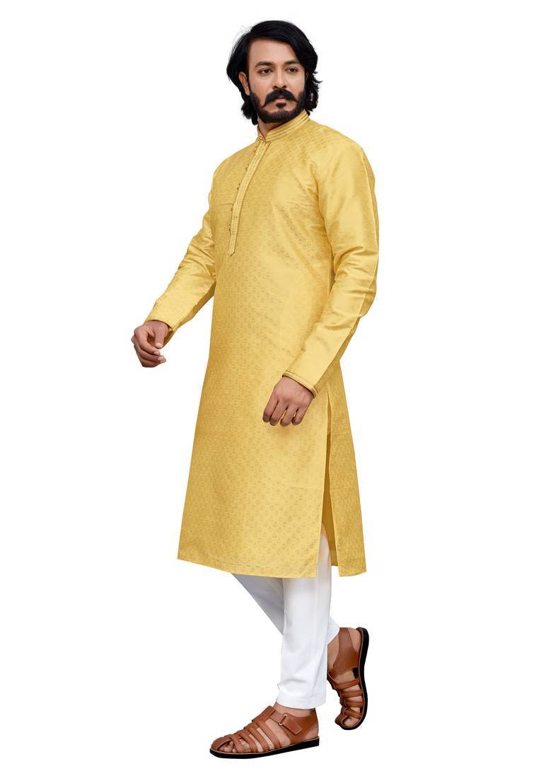 Yellow color hand cottan silk kurta with payjama