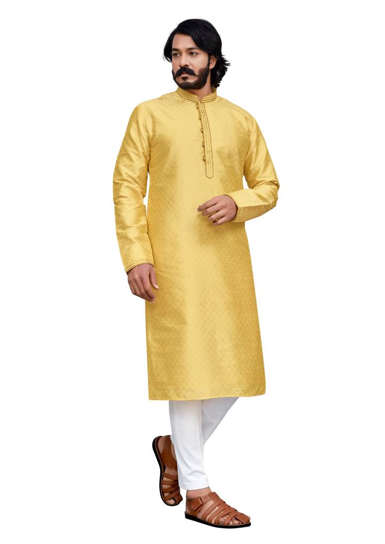 Yellow color hand cottan silk kurta with payjama