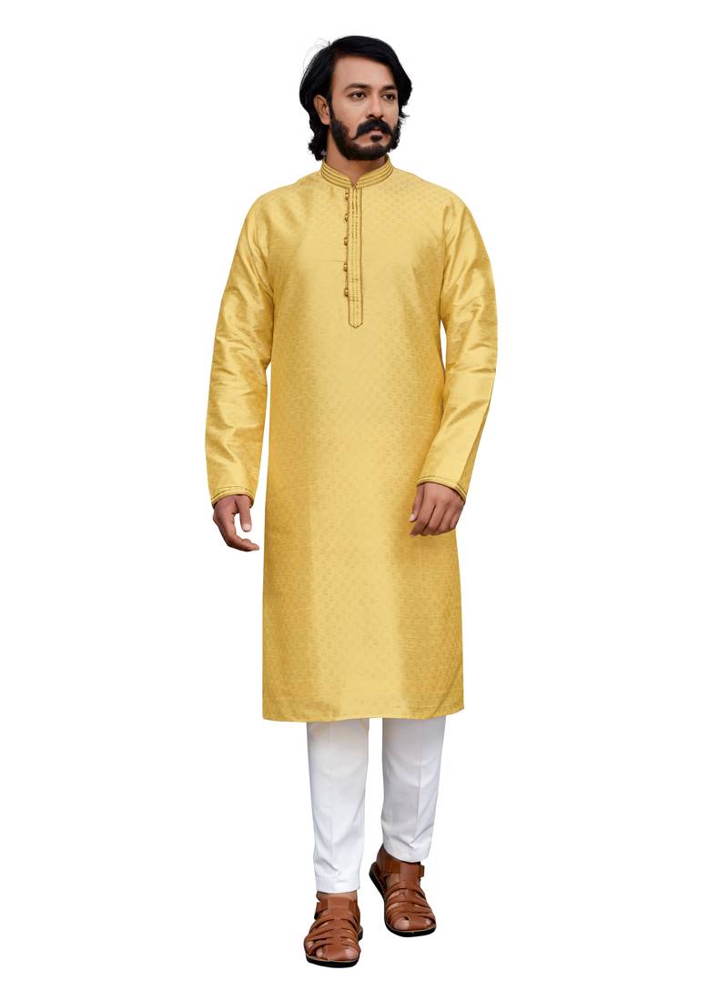 Yellow color hand cottan silk kurta with payjama