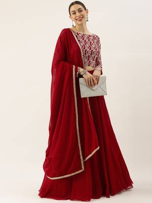 classy red embroidered thread work georgette wedding lehenga set choli with dupatta with dupatta 1