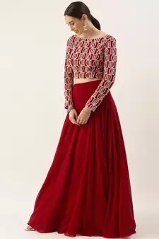classy red embroidered thread work georgette wedding lehenga set choli with dupatta with dupatta