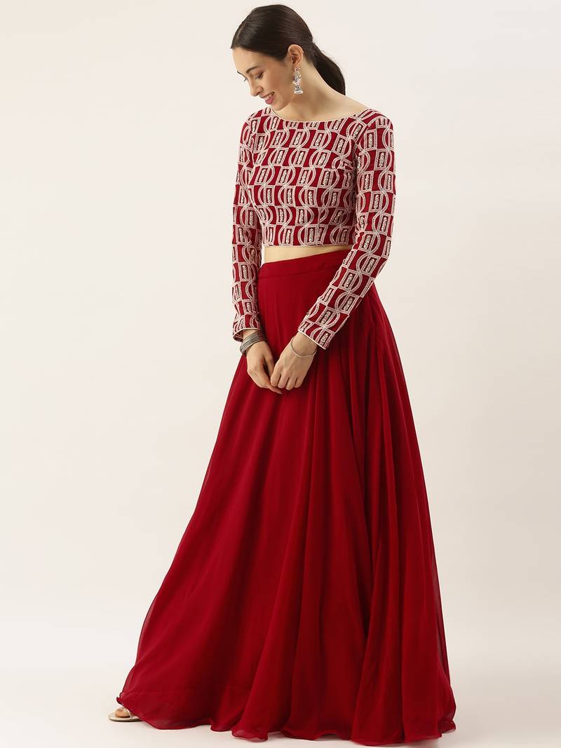 Classy Red Embroidered Thread Work Georgette Wedding Lehenga Choli With Dupatta