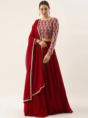 classy red embroidered thread work georgette wedding lehenga set choli with dupatta with dupatta 3