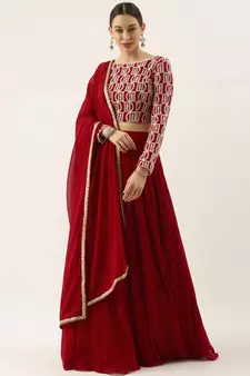 classy red embroidered thread work georgette wedding lehenga set choli with dupatta with dupatta