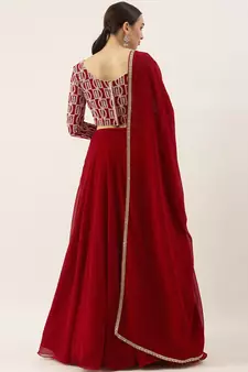 classy red embroidered thread work georgette wedding lehenga set choli with dupatta with dupatta