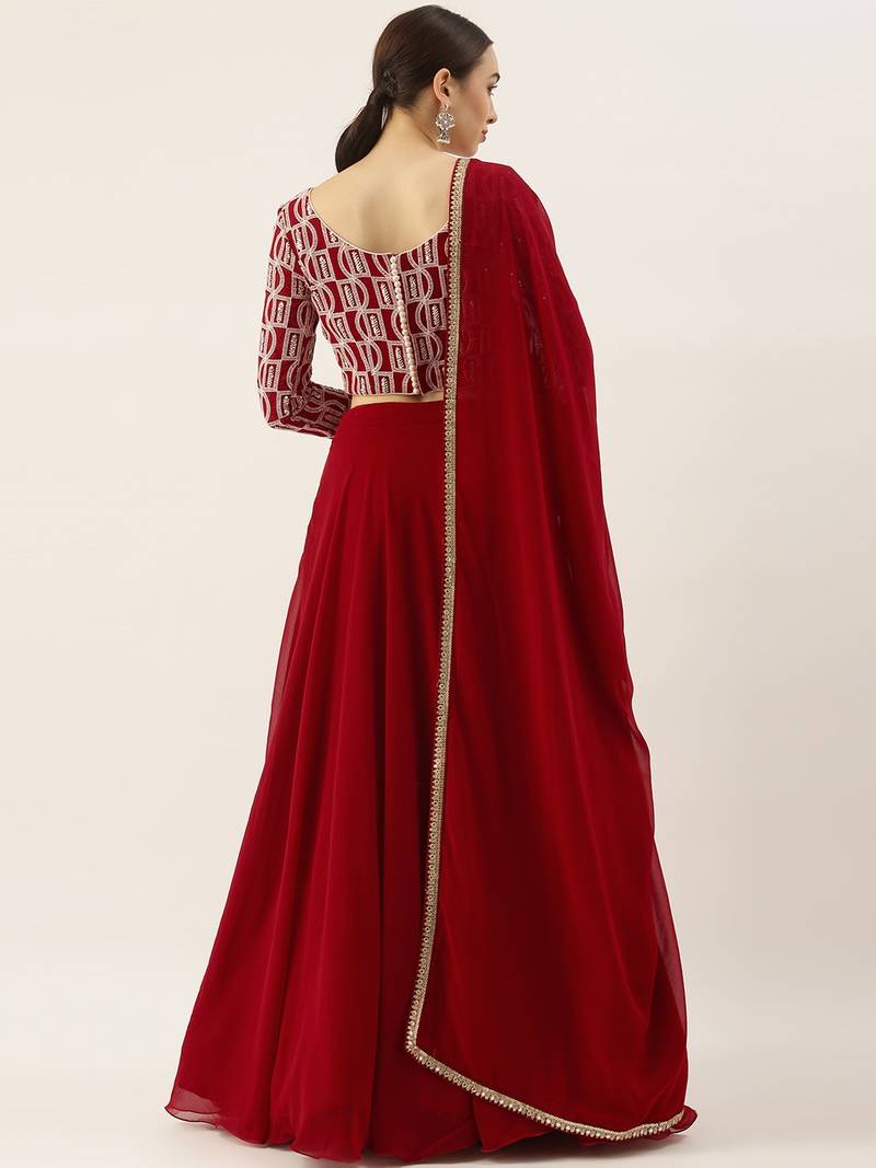 Classy Red Embroidered Thread Work Georgette Wedding Lehenga Choli With Dupatta
