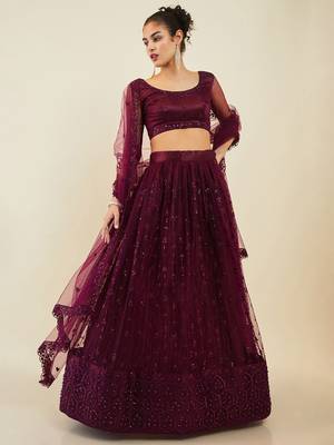 puple embroidered net lehenga set choli with dupatta  1