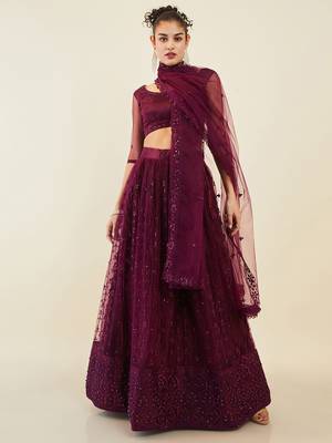 puple embroidered net lehenga set choli with dupatta  2