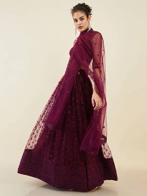 puple embroidered net lehenga set choli with dupatta  3