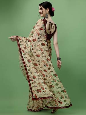 Beige Printed Silk Blend Saree With Blouse 2