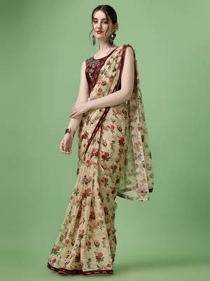 Beige Printed Silk Blend Saree With Blouse 1