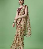 Beige Printed Silk Blend Saree With Blouse