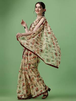 Beige Printed Silk Blend Saree With Blouse 3