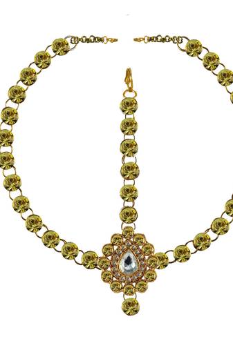 Brass Gold Platted  Green Stone Studded  Maang Tikka Set