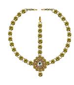 Brass Gold Platted  Green Stone Studded  Maang Tikka Set