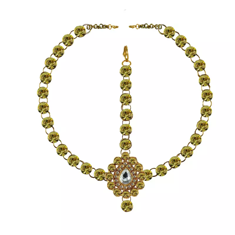 Brass Gold Platted  Green Stone Studded  Maang Tikka Set