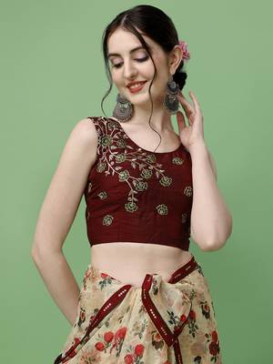 Beige Printed Silk Blend Saree With Blouse 4