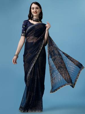 Blue Printed Silk Blend Saree With Blouse 1