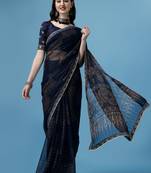 Blue Printed Silk Blend Saree With Blouse