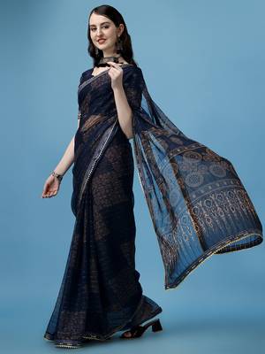 Blue Printed Silk Blend Saree With Blouse 2
