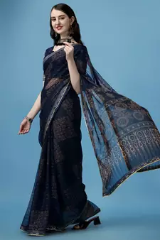 Blue Printed Silk Blend Saree With Blouse